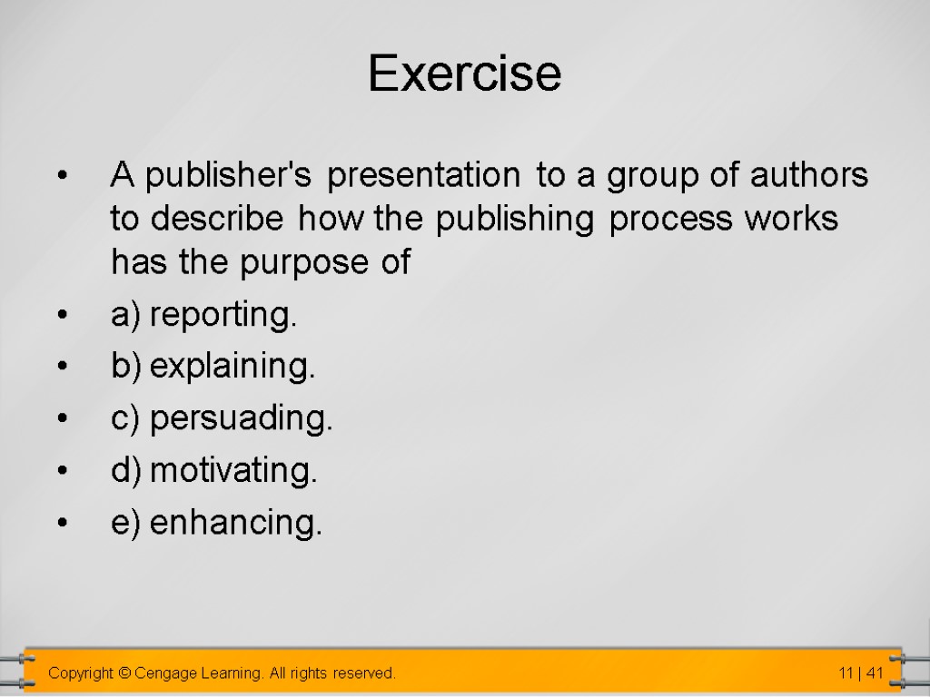 Exercise A publisher's presentation to a group of authors to describe how the publishing
